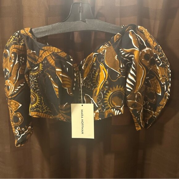 NWT Mara Hoffman Juana Black & Brown Abstract Print Cropped Top reg $295 size 0 - Picture 4 of 15